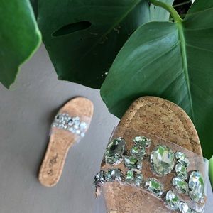 Bejeweled clear wooden insole sandal. True to size